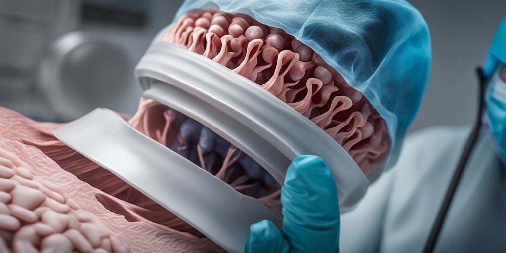 Surgeon performing a colectomy or proctocolectomy with a subtle ghostly image of the colon and polyps in the background.