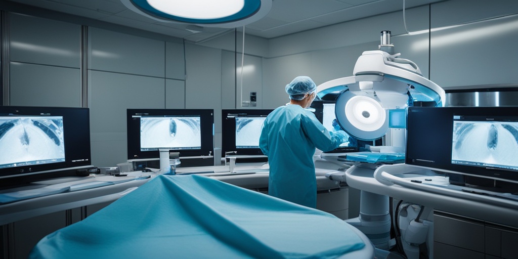 Surgeon performing laparoscopic surgery in a sterile high-tech operating room