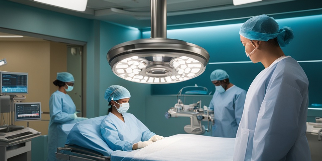 Surgeon performing surgical procedure for HLHS treatment in a brightly lit operating room.