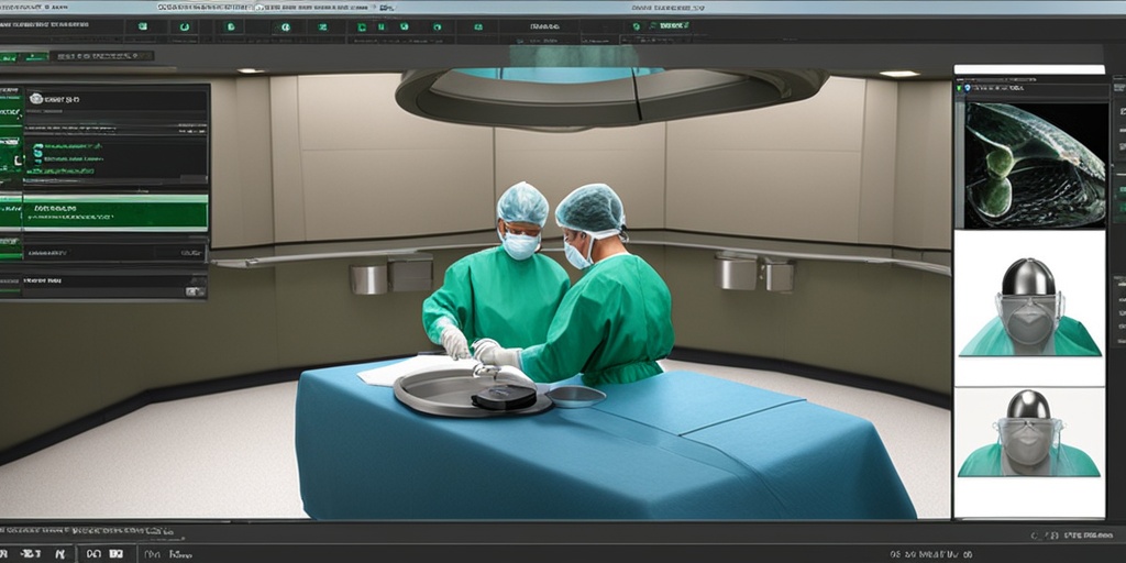 Surgeon performing tumor resection or lymph node dissection in a sterile, high-tech operating room with a subtle green background.