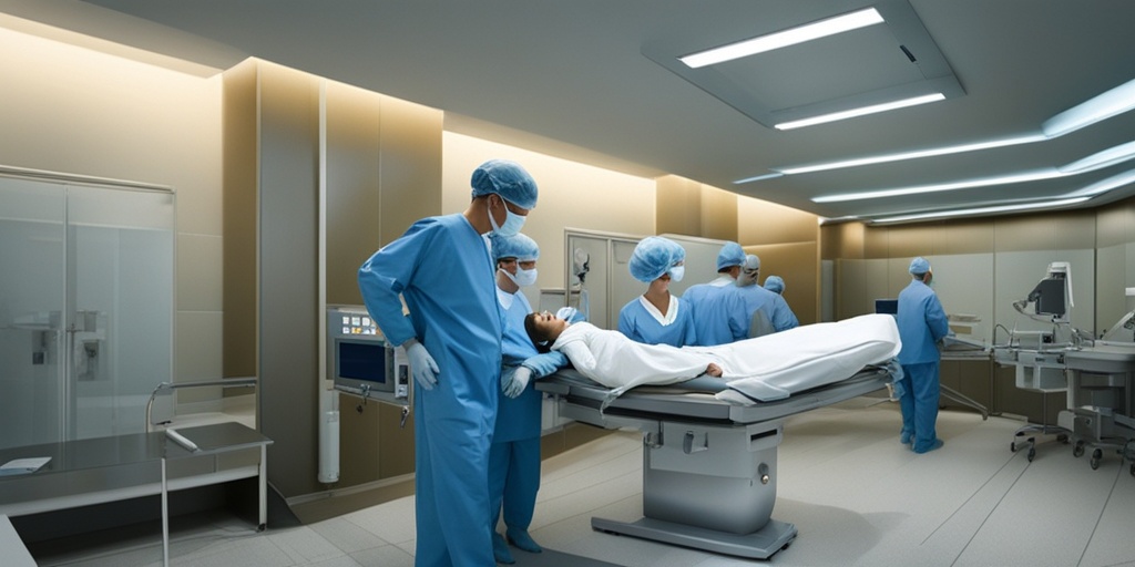 Surgical team performing Syringomyelia procedure in a state-of-the-art operating room with subtle blue background.