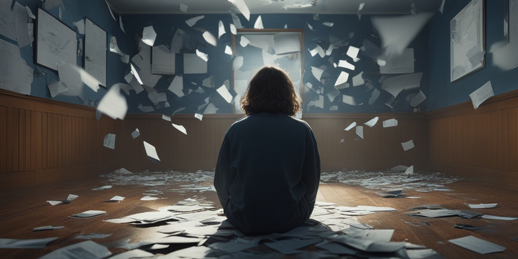 Teenager sitting in a dark room surrounded by broken mirrors and shattered glass