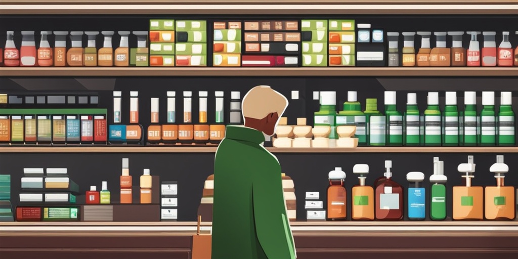 Thoughtful person stands in front of pharmacy shelf with various insulin types and supplies.