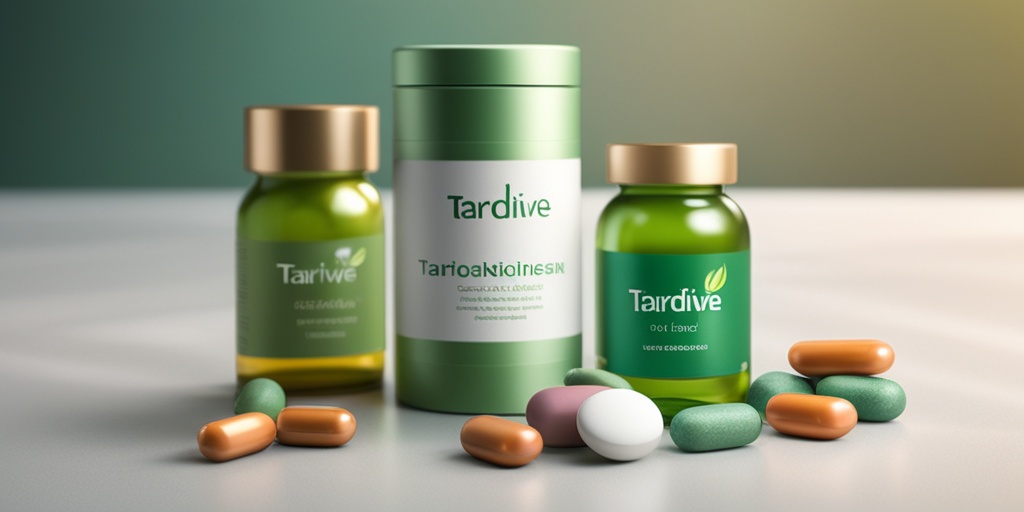 Various medications for treating Tardive Dyskinesia arranged on a clean modern surface with a calming green background.