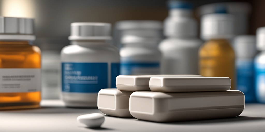 Various medications used to treat Acromegaly on a modern pharmacy counter with subtle blue tone.