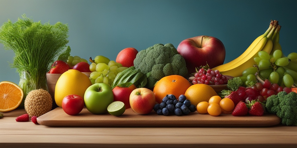 Vibrant arrangement of fruits, vegetables, and whole grains on a wooden table, highlighting IBS-friendly foods with glowing blue accents.