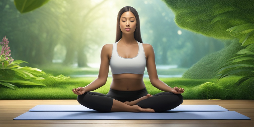 Woman practicing yoga in serene outdoor environment with subtle green background and 3D thyroid gland render.