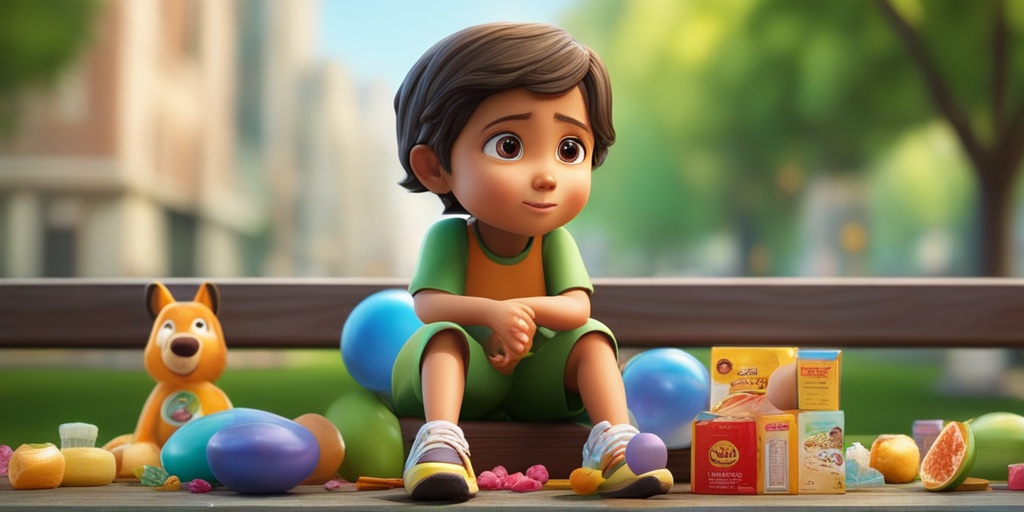 Worried child sits on a park bench, exhibiting signs of low blood sugar, surrounded by toys and snacks.