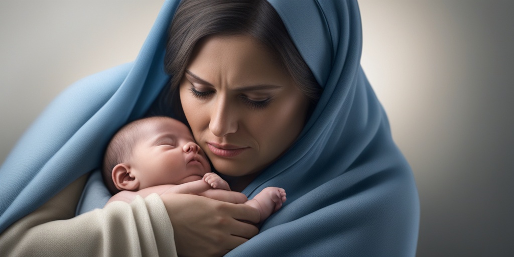 Worried mother holding newborn baby with subtle blurred background in soothing blue, conveying concern and uncertainty.