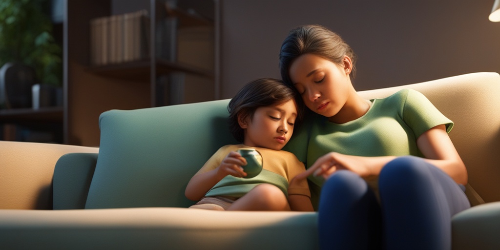 Worried parent comforting nauseous child on couch, with bowl and thermometer nearby, evoking concern and empathy.