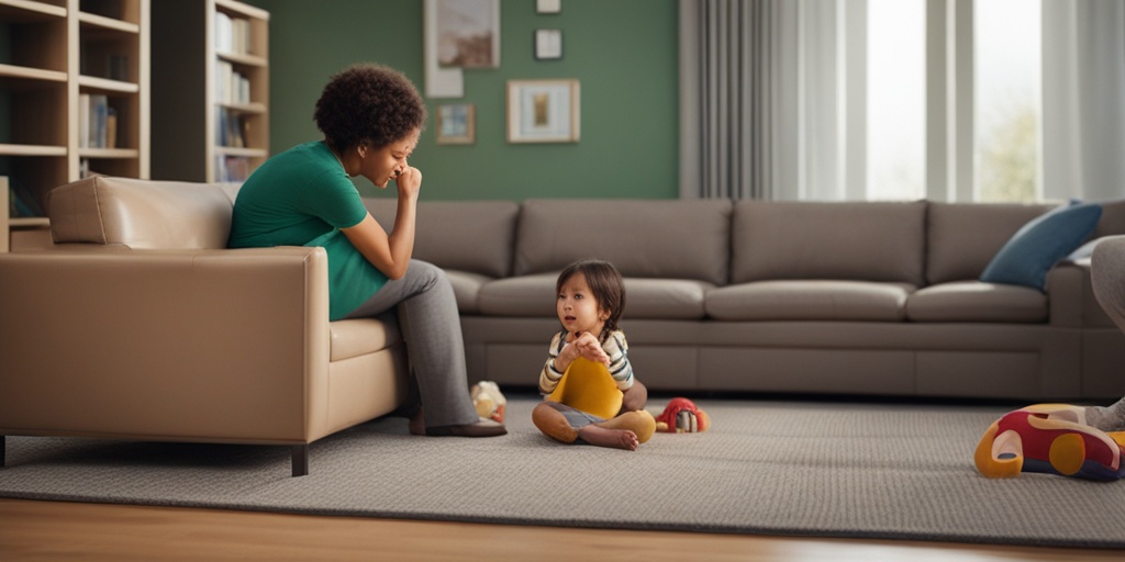 Worried parent observing child sucking thumb while watching TV on muted green background.