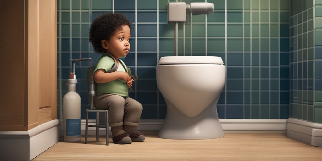 Young child on toilet showing symptoms of Hirschsprung's Disease with worried parent nearby.