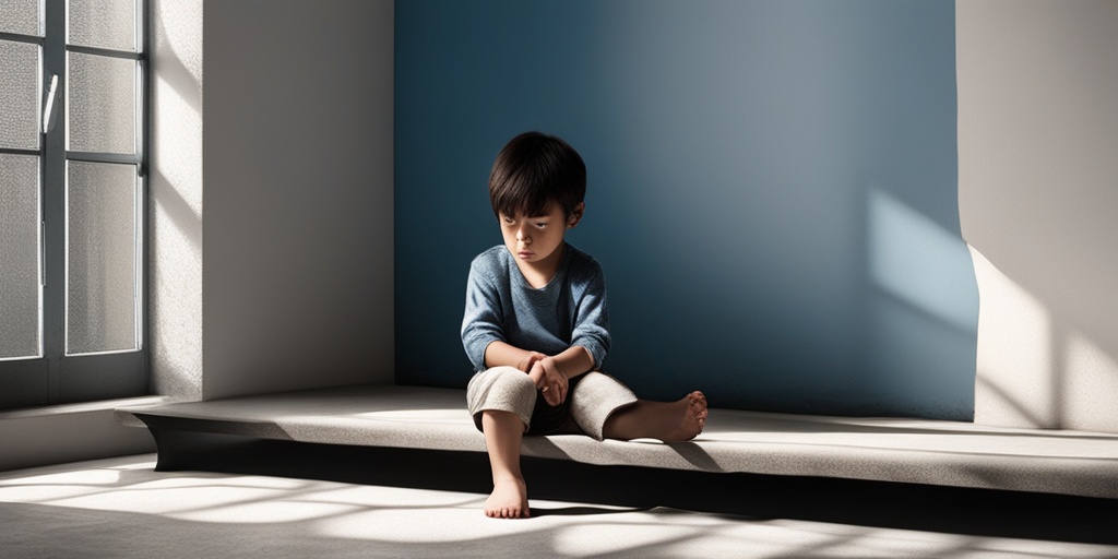 Young child sits alone in a dark, abandoned room, conveying fear and vulnerability, with a subtle blue background.