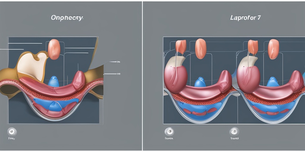 3D render of different oophorectomy procedures, including unilateral, bilateral, and laparoscopic, on a subtle blue background.