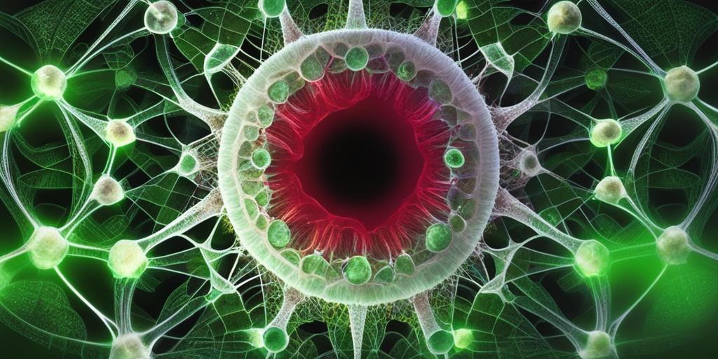 Abstract representation of immune system, showcasing causes of Noninfectious Uveitis with green glow.