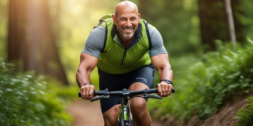 Active man in his 40s engaging in outdoor activities with a green background promoting lifestyle changes for breast cancer prevention.