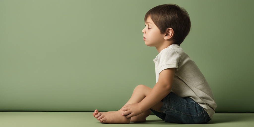 Boy with DMD struggling to stand up after fall with concerned expression.