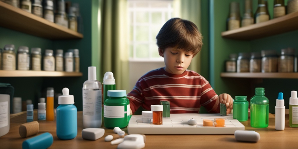 Boy with DMD surrounded by medication bottles and physical therapy equipment.