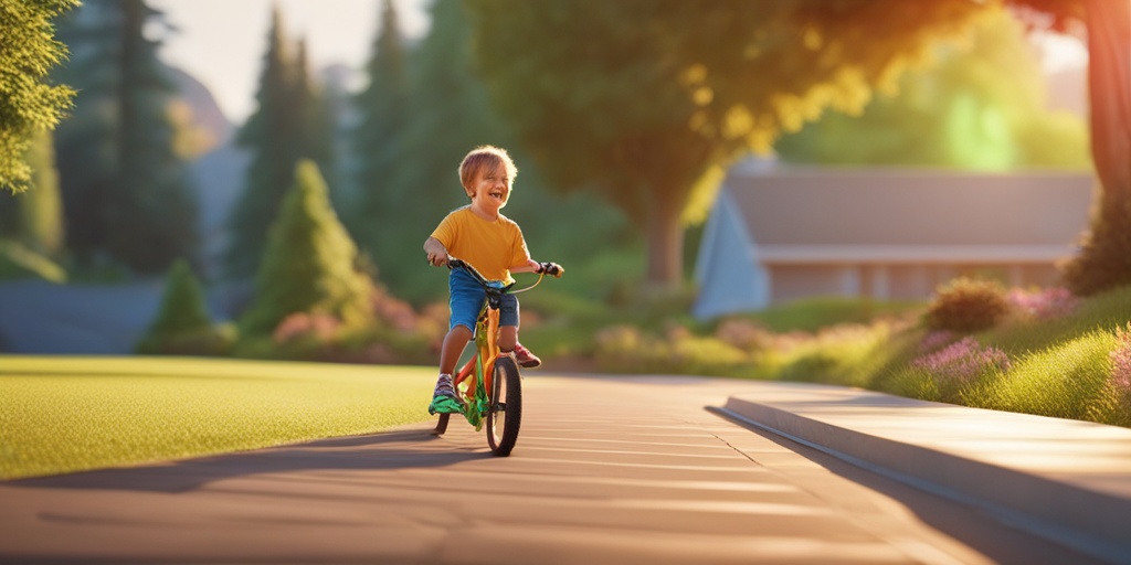 Child engaging in fun physical activities like soccer or riding a bike with a supportive parent or caregiver in the background.