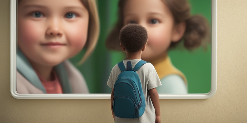 Child standing in front of a cracked mirror with a faint reflection of a healthy child, highlighting health risks of being overweight.