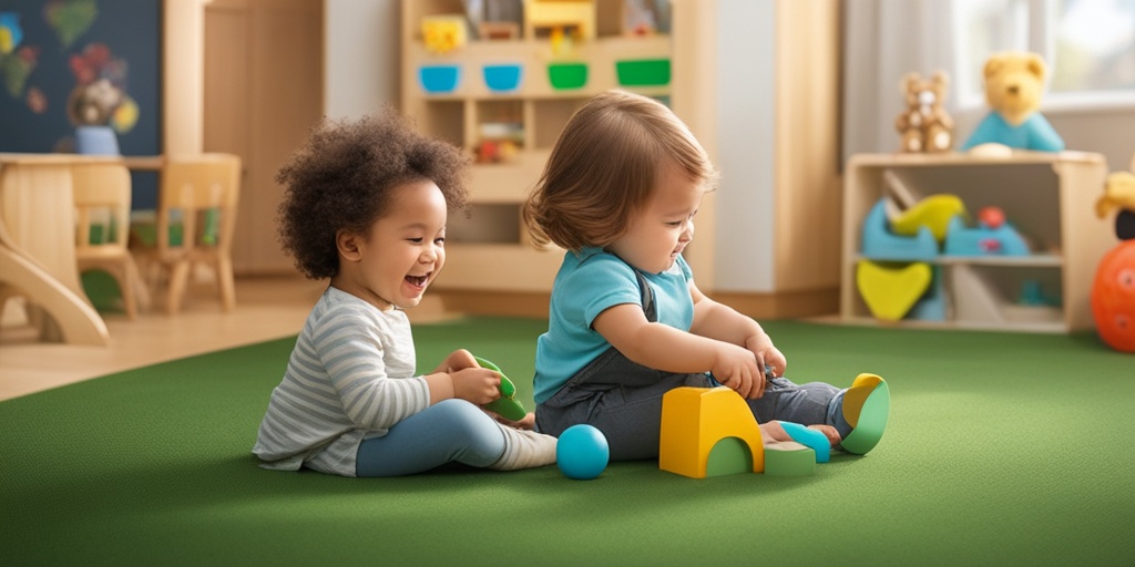 Children play together in a daycare setting, touching and sharing toys, highlighting COVID-19 transmission.