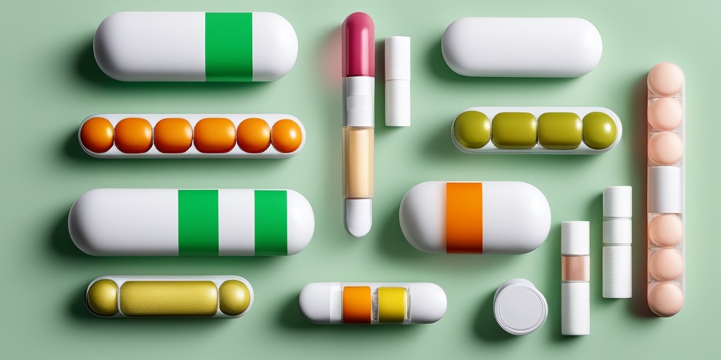 Collection of pills and capsules on white background with subtle green accent representing healing and recovery.