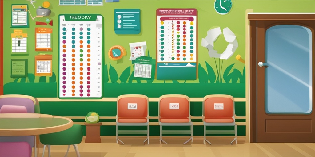 Colorful chart displays childhood vaccination schedule in pediatrician's office with toys.