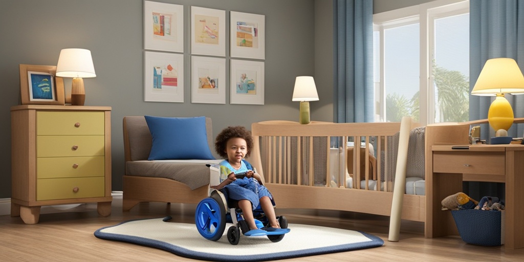 Comfortable home care setting for child with Rett Syndrome featuring medical equipment and therapy tools on warm inviting background.