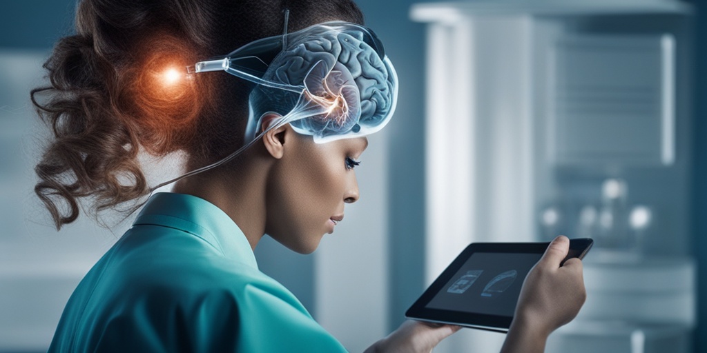 Compassionate medical professional holding tablet with 3D brain model highlighting affected areas.