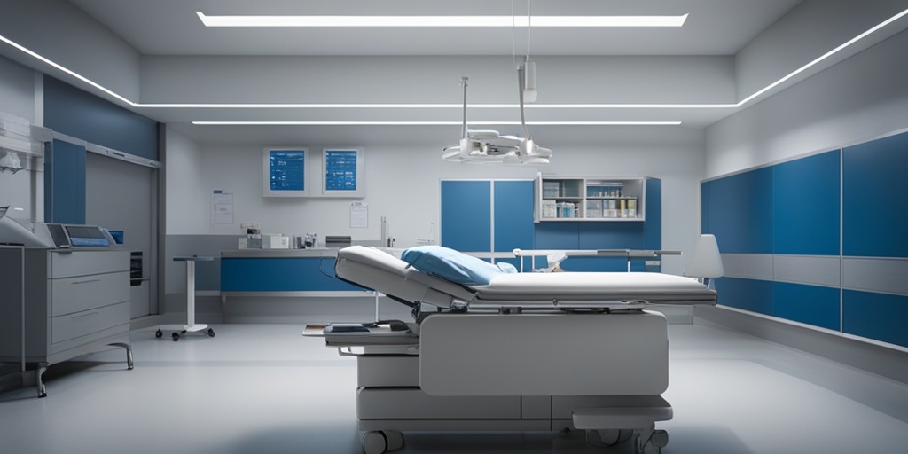 Concerned doctor in hospital surrounded by medical equipment and charts