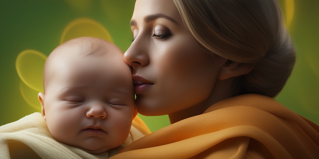 Concerned mother holding infant with subtle green background, surrounded by baby care essentials.