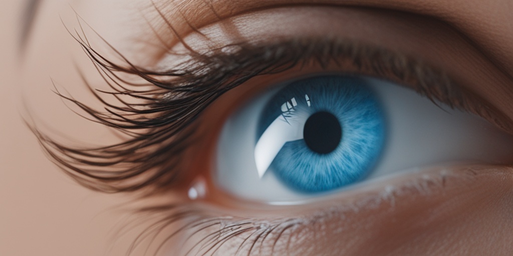 Concerned person in their 30s holding a magnifying glass to their eye, surrounded by eye care products, highlighting common eye health symptoms.