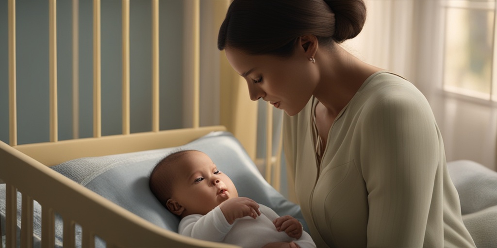 Concerned young mother sitting beside her infant's crib with a subtle yellowish tint to the baby's skin.