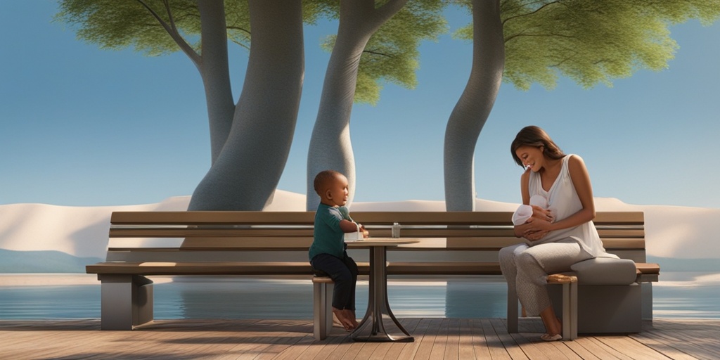 Confident mother breast-feeds baby in public setting, surrounded by natural scenery and calming colors.