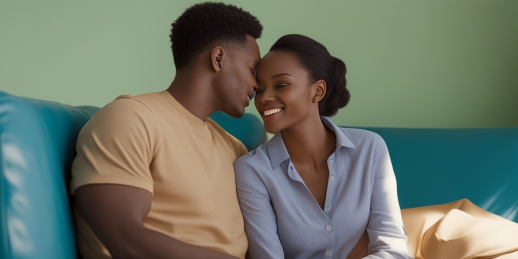 Couple sitting on couch, holding condoms, promoting safe sex practices and PID prevention.