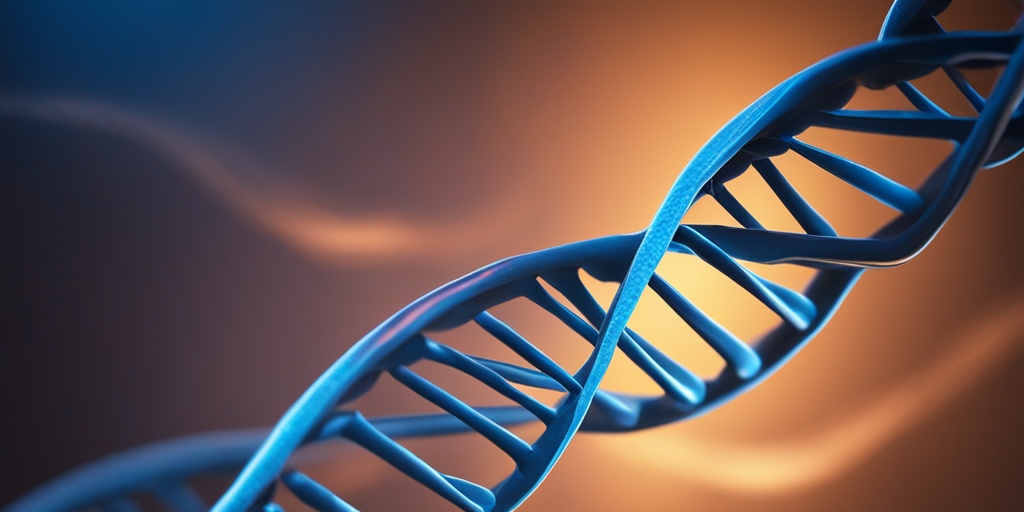 DNA double helix with highlighted genetic mutation in warm golden light on deep blue background.