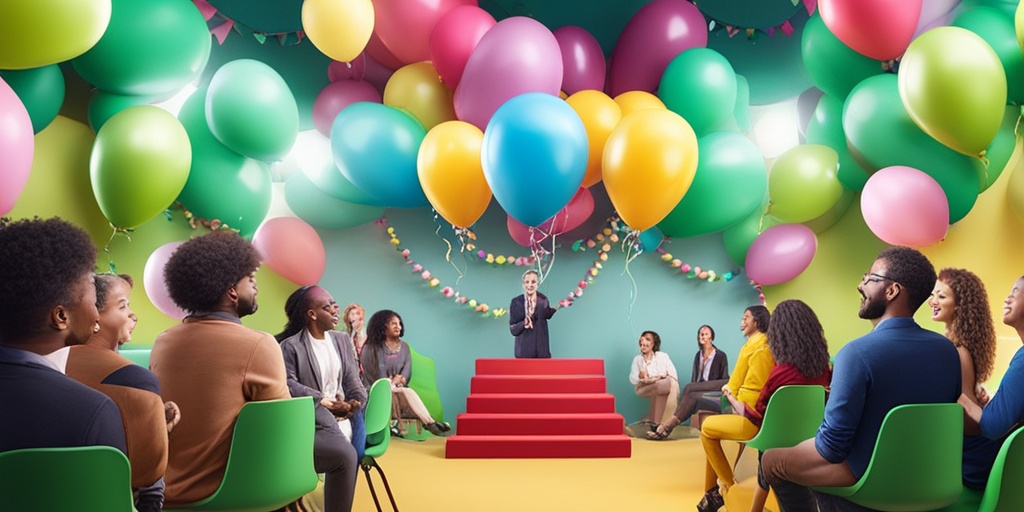 Diverse group engages in various humor therapy activities with a colorful, whimsical background.