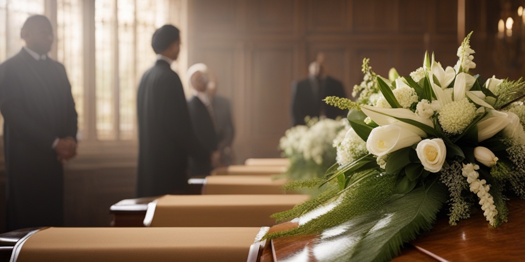 Diverse group of people gathered around a beautifully decorated funeral setting, showcasing respectful funeral etiquette and traditions against a harmonious green background.