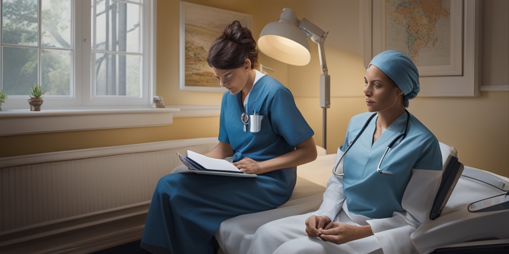 Doctor and patient in clinical setting discussing Chronic Fatigue Syndrome diagnosis with medical equipment.