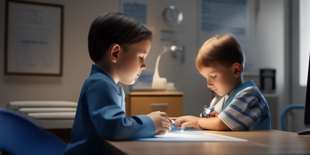 Doctor conducting diagnosis and testing procedure for DMD on young boy.