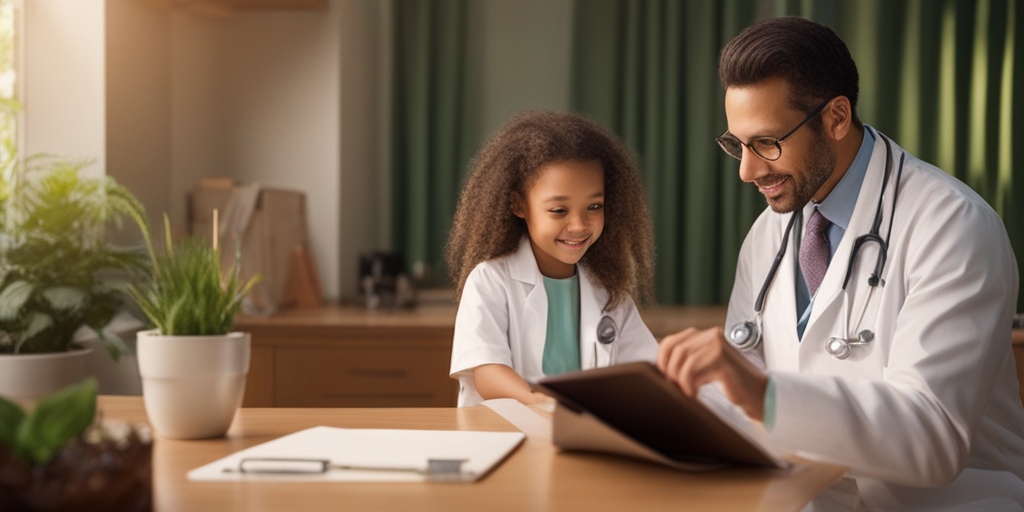 Doctor conducting diagnosis for Rett Syndrome with warm comforting colors and props like stethoscope and medical charts.