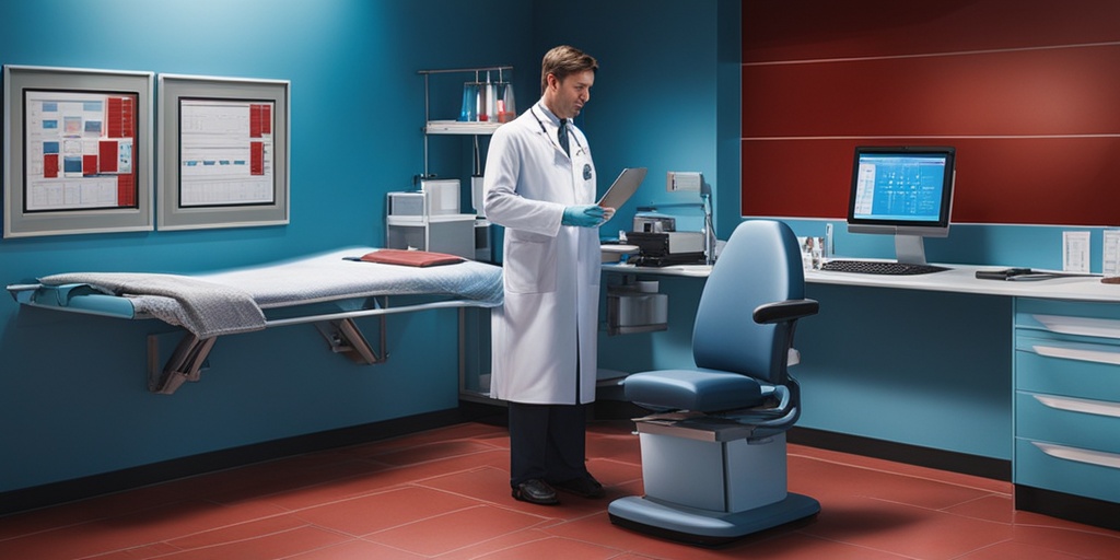 Doctor conducting diagnostic tests for MPS Disorder II in a clinical setting with modern equipment and a subtle blue background.