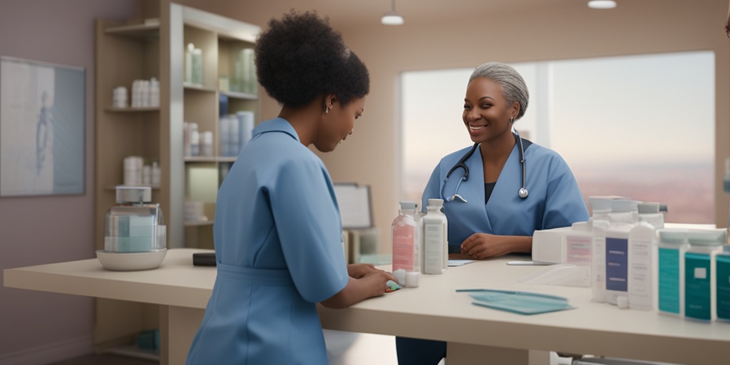 Doctor discussing treatment options with a patient, surrounded by visual elements representing medication, surgery, and minimally invasive procedures in a calming green and blue color scheme.