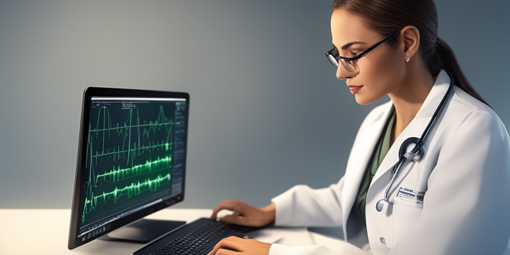 Doctor examining ECG printout with stethoscope, medical equipment in background