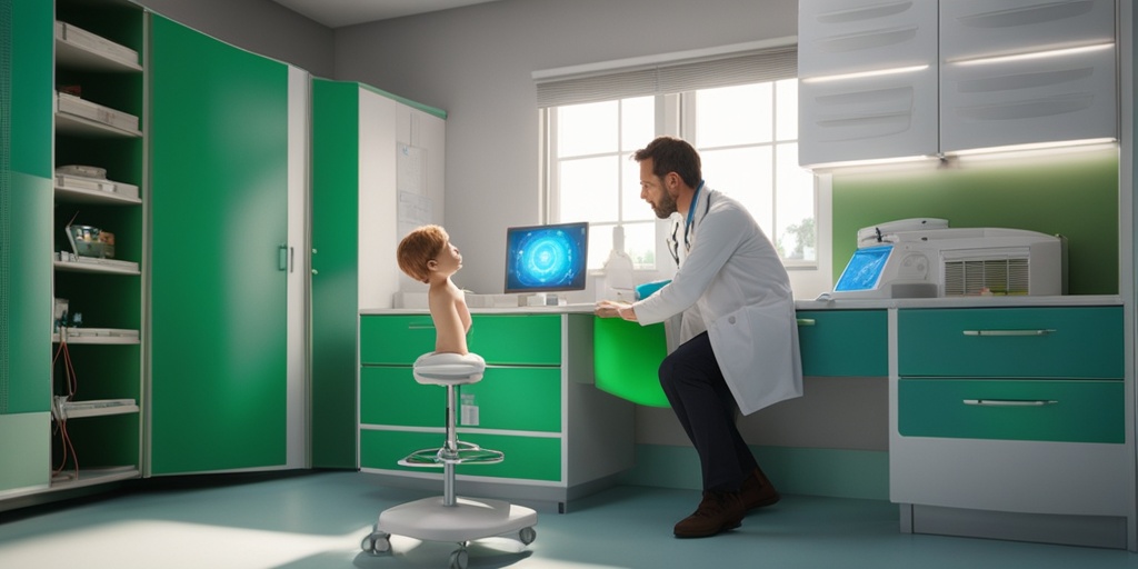 Doctor examining a child with Pfeiffer Syndrome Type I in a calming green background with subtle blue hints in medical equipment.