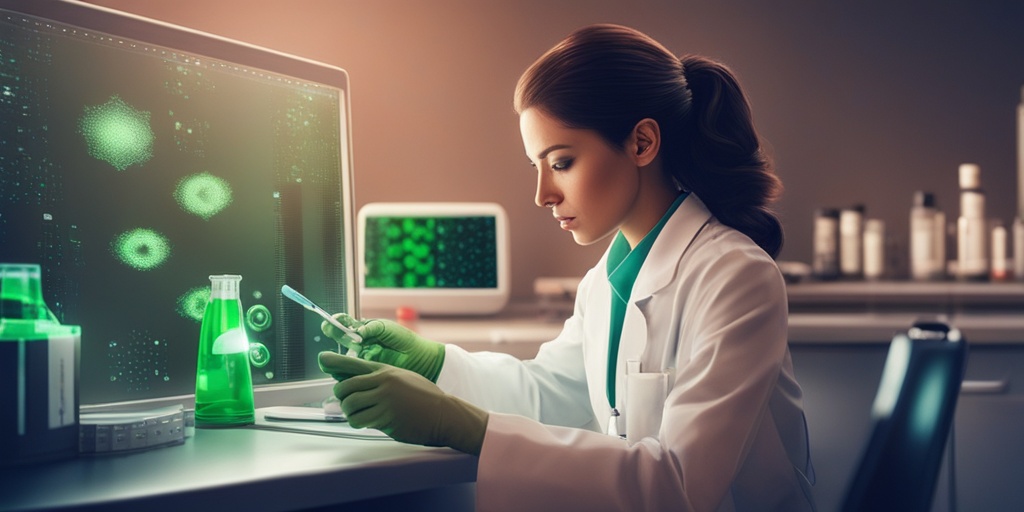 Doctor examining blood sample under microscope, with subtle hint of green for hope