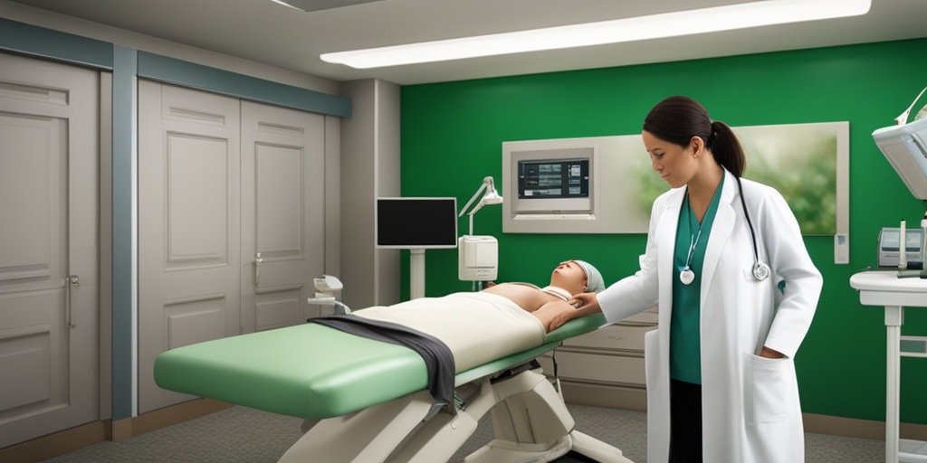 Doctor examining patient in a warm hospital setting, with medical equipment and tests in the background.