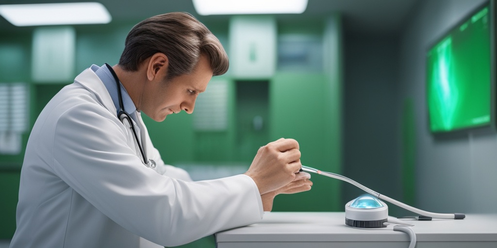 Doctor examining patient in modern clinic, with green background, showcasing medical equipment and expertise.