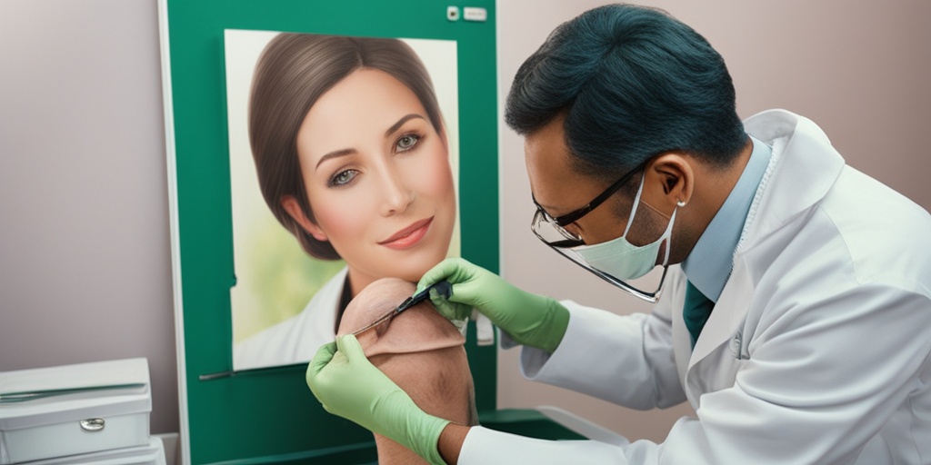 Doctor examining patient with impetigo, gentle expression, stethoscope, and medical gloves, in a calming green and creamy white environment.