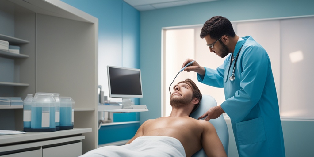 Doctor examining patient with suspected ringworm in a clinical setting with calming light blue and creamy whites.